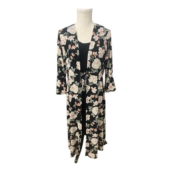 Siren Lily 2 Piece Tank Dress & Cardigan Size L Black Floral Long Bell-Sleeve - Picture 7 of 12